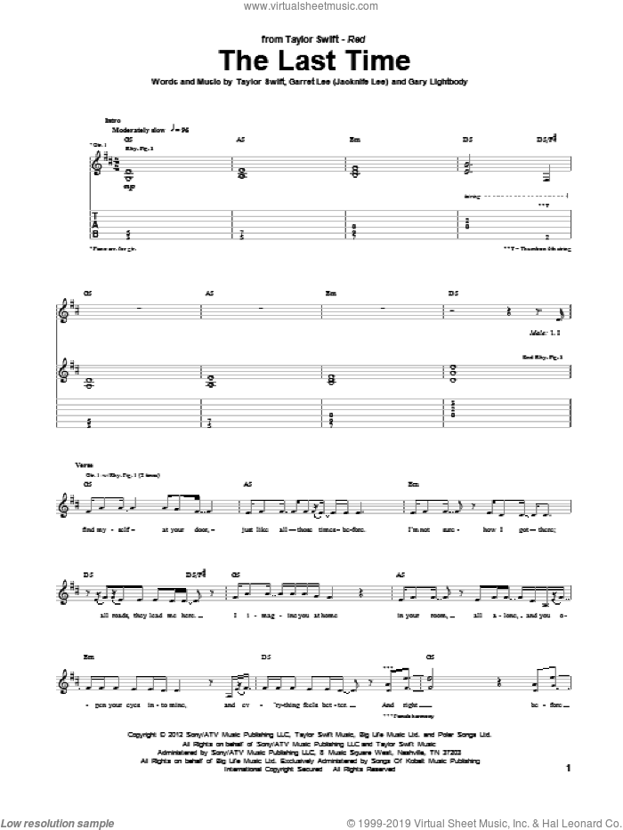 The Last Time sheet music for guitar (tablature) by Taylor Swift, Garret Lee (Jacknife Lee) and Gary Lightbody, intermediate skill level