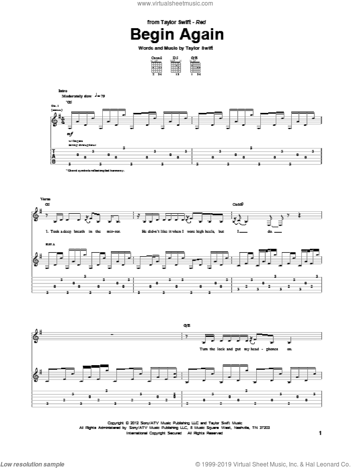 Begin Again sheet music for guitar (tablature) by Taylor Swift, intermediate skill level