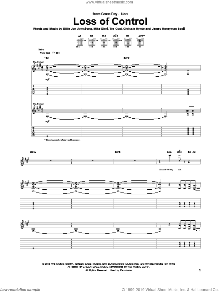Loss Of Control sheet music for guitar (tablature) by Green Day, Billie Joe Armstrong, Chrissie Hynde, James Honeyman Scott, Mike Dirnt and Tre Cool, intermediate skill level