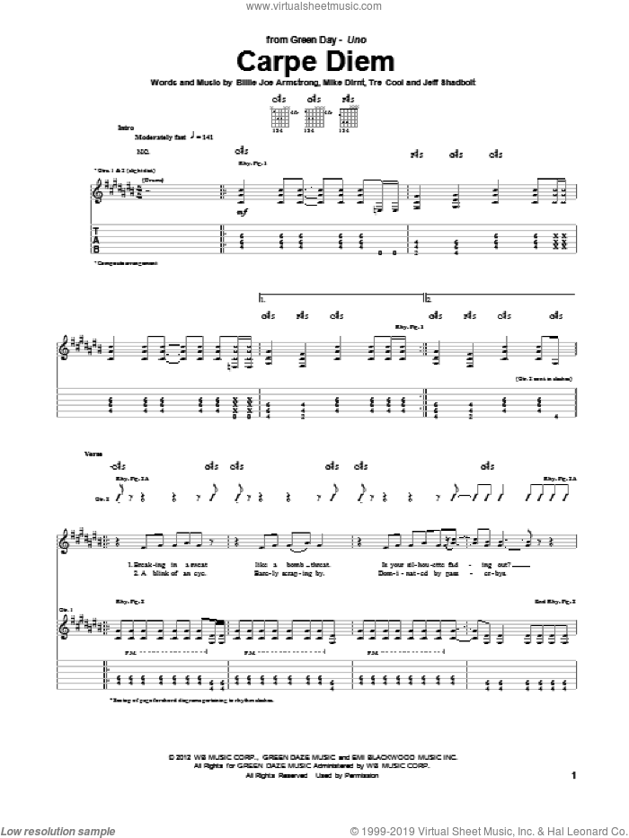 Carpe Diem sheet music for guitar (tablature) by Green Day, Billie Joe Armstrong, Jeff Shadbolt, Mike Dirnt and Tre Cool, intermediate skill level