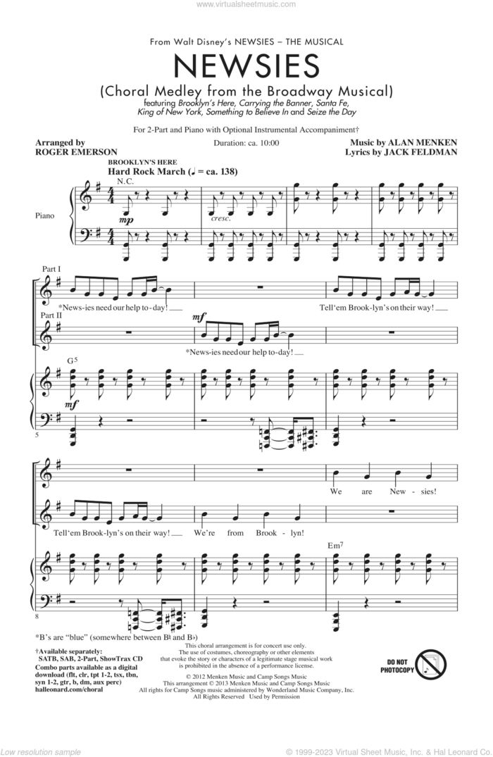 Newsies (Choral Medley) sheet music for choir (2-Part) by Alan Menken, Jack Feldman and Roger Emerson, intermediate duet