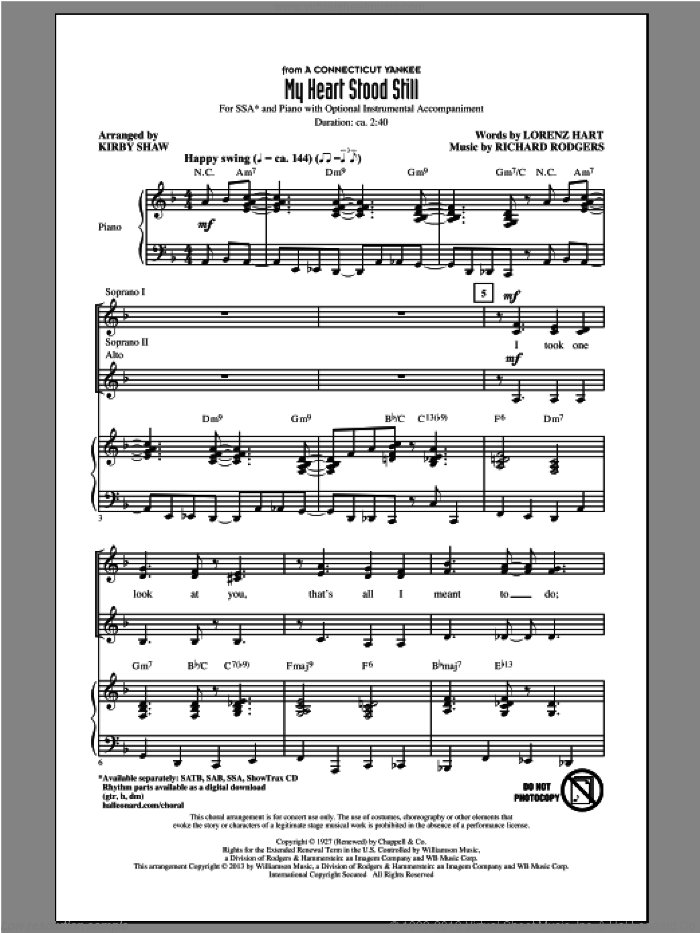 My Heart Stood Still (arr. Kirby Shaw) sheet music for choir (SSA: soprano, alto) by Richard Rodgers, Kirby Shaw, Lorenz Hart and Rodgers & Hart, intermediate skill level