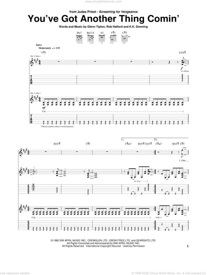 You've Got Another Thing Comin' sheet music for guitar (tablature) by Judas Priest, intermediate skill level
