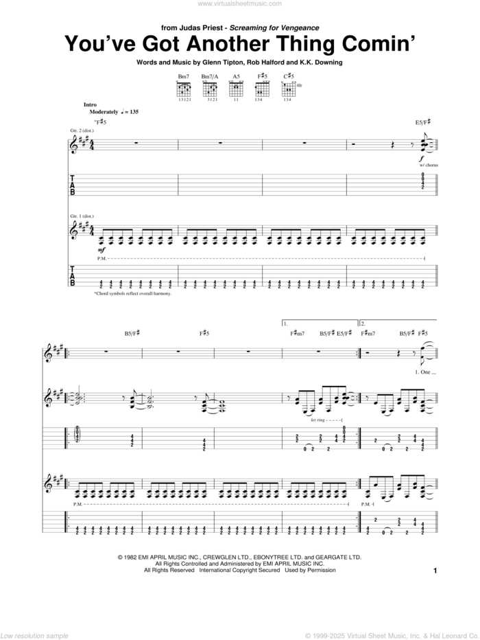 You've Got Another Thing Comin' sheet music for guitar (tablature) by Judas Priest, intermediate skill level