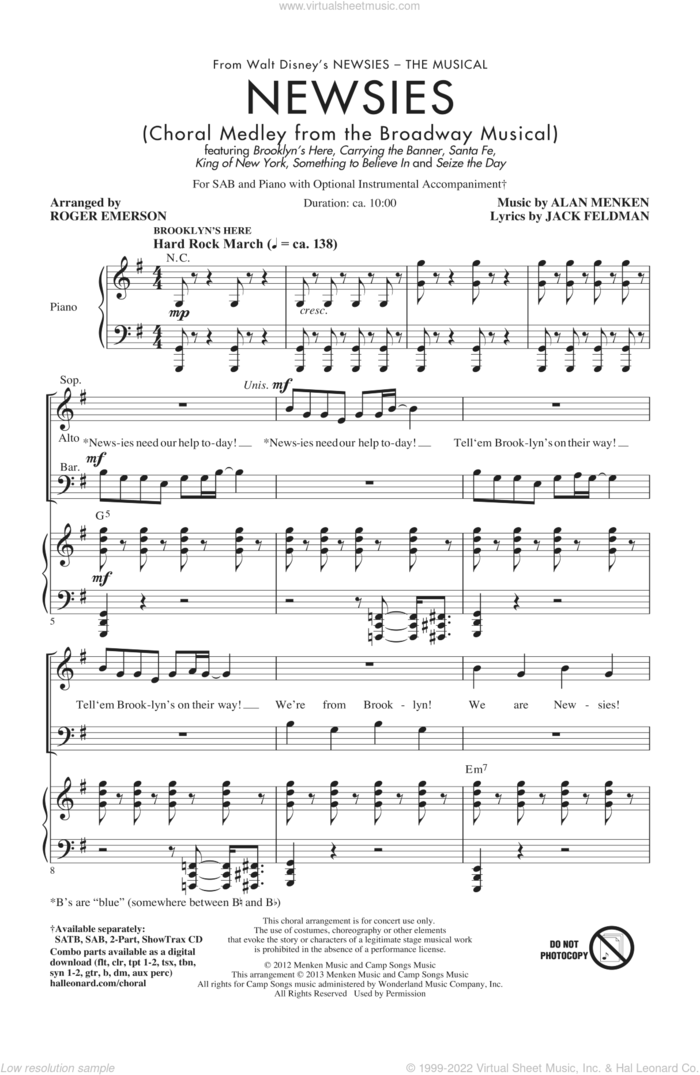 Newsies (Choral Medley) sheet music for choir (SAB: soprano, alto, bass) by Alan Menken, Jack Feldman and Roger Emerson, intermediate skill level