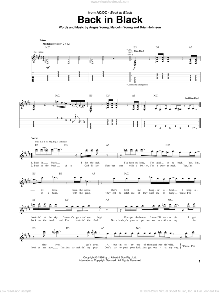 Back In Black sheet music for guitar (tablature) by AC/DC, Angus Young, Brian Johnson and Malcolm Young, intermediate skill level