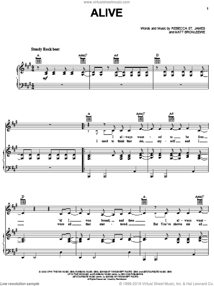 Alive sheet music for voice, piano or guitar by Rebecca St. James and Matt Bronleewe, intermediate skill level