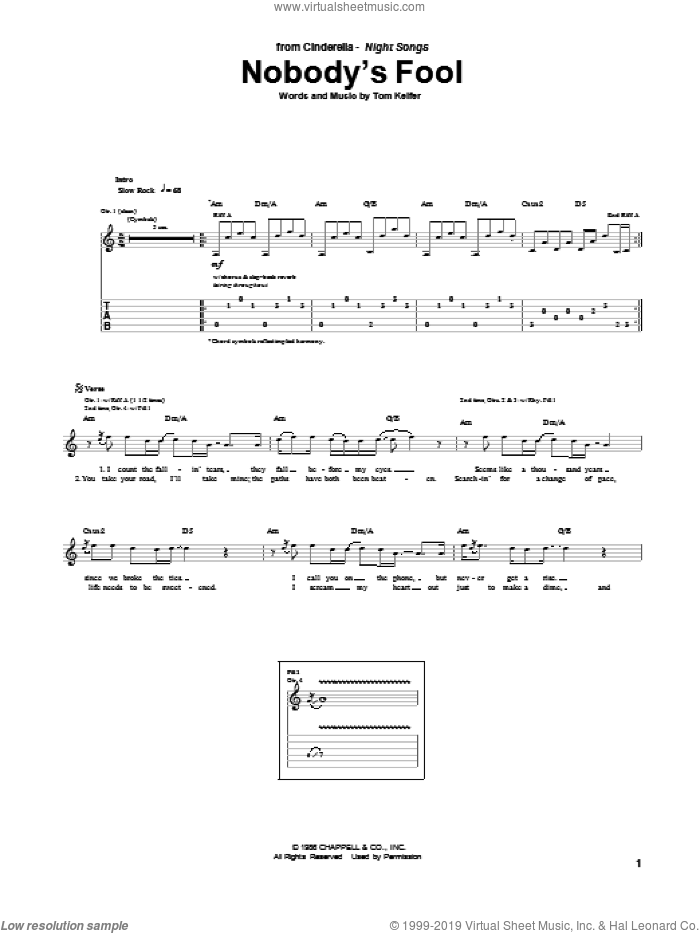 Nobody's Fool sheet music for guitar (tablature) by Cinderella and Tom Keifer, intermediate skill level