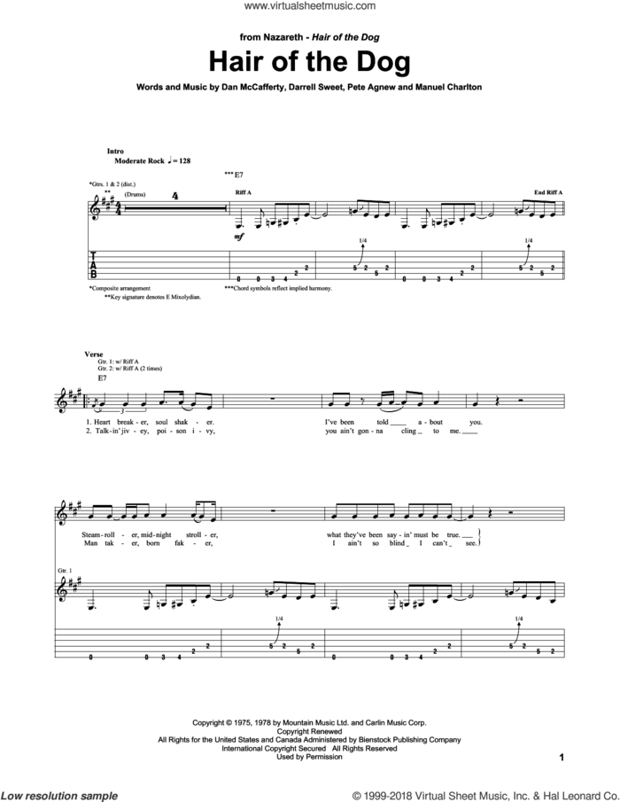 Hair Of The Dog sheet music for guitar (tablature) by Nazareth, intermediate skill level