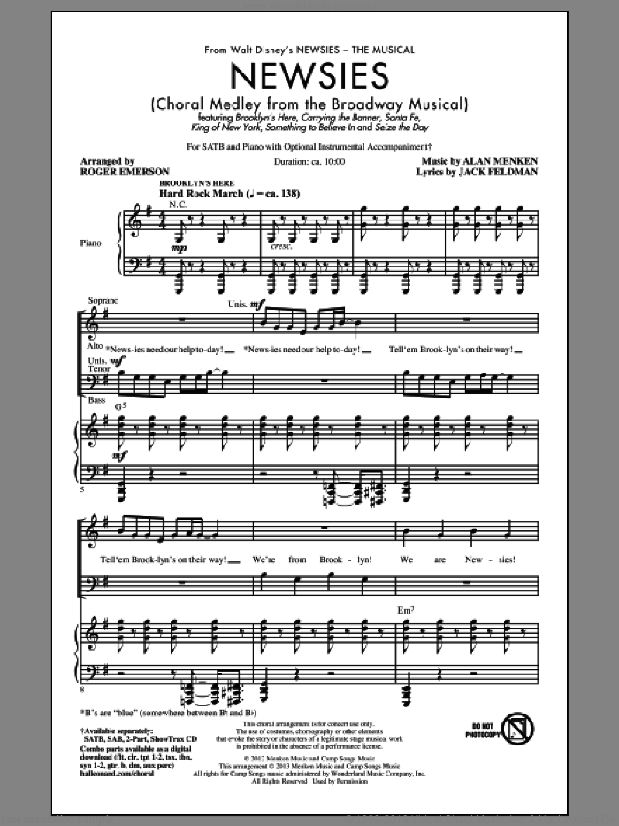 Newsies (Choral Medley) sheet music for choir (SATB: soprano, alto, tenor, bass) by Alan Menken, Jack Feldman and Roger Emerson, intermediate skill level