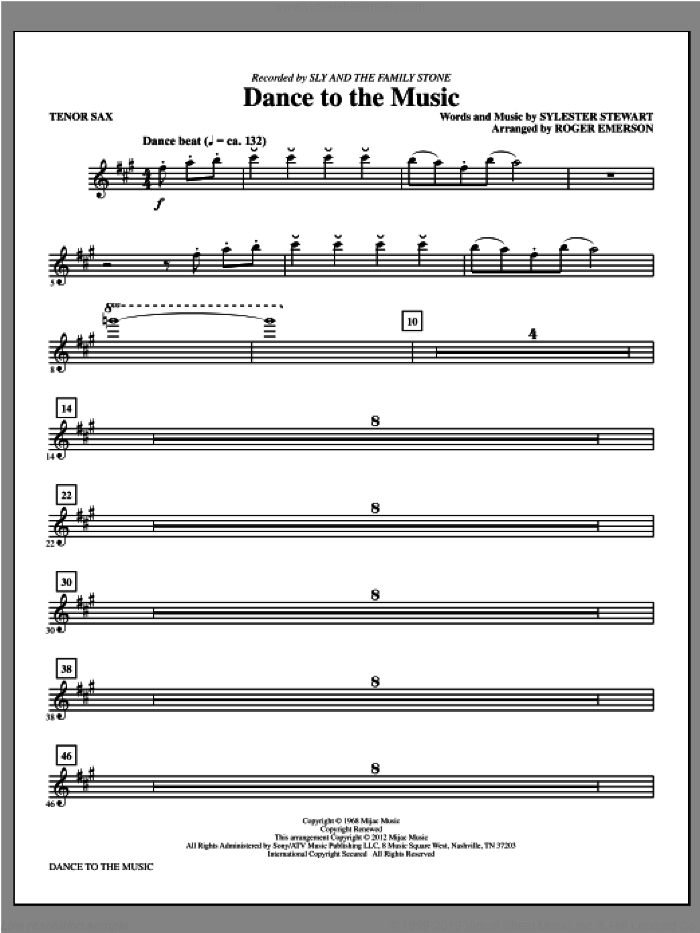 Dance To The Music sheet music for orchestra/band (tenor saxophone) by Sly And The Family Stone and Sylvester Stewart, intermediate skill level
