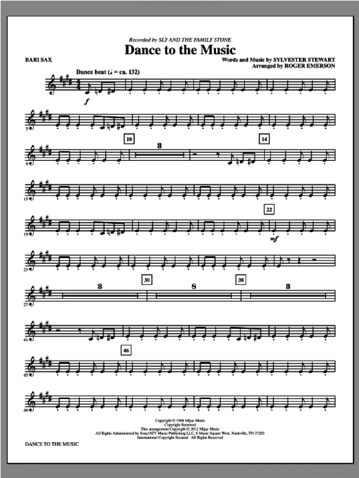 Dance To The Music sheet music for orchestra/band (baritone sax) by Sly And The Family Stone and Sylvester Stewart, intermediate skill level