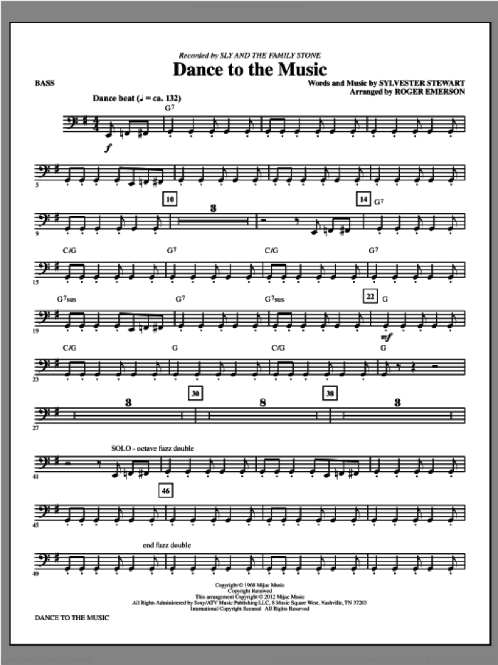 Dance To The Music sheet music for orchestra/band (bass) by Sly And The Family Stone and Sylvester Stewart, intermediate skill level