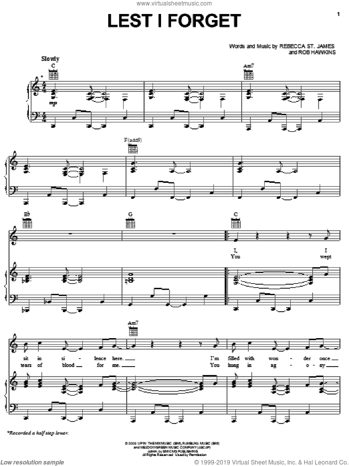 Lest I Forget sheet music for voice, piano or guitar by Rebecca St. James and Rob Hawkins, intermediate skill level