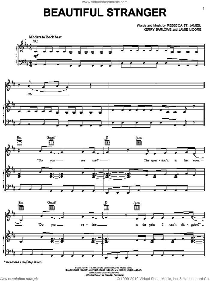 Beautiful Stranger sheet music for voice, piano or guitar by Rebecca St. James, Jamie Moore and Kerry Barlowe, intermediate skill level