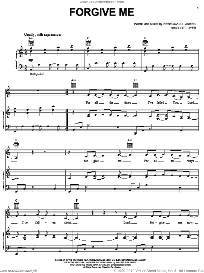 Forgive Me sheet music for voice, piano or guitar by Rebecca St. James and Scott Dyer, intermediate skill level
