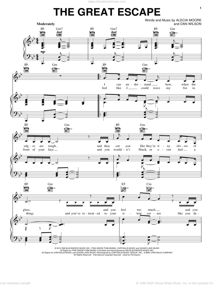 The Great Escape sheet music for voice, piano or guitar by P!nk and Miscellaneous, intermediate skill level