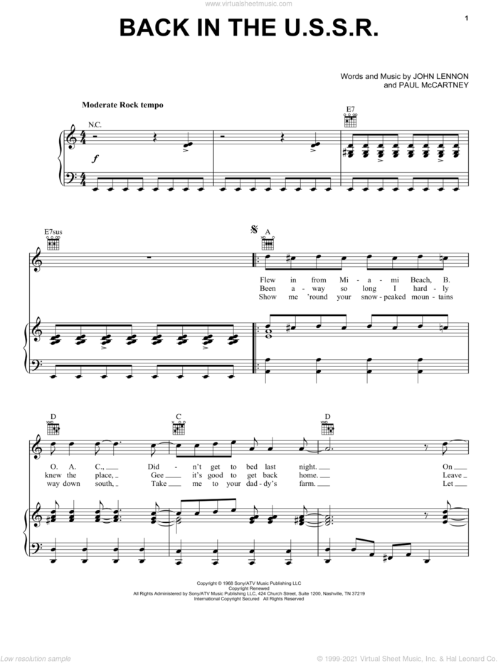 Back In The U.S.S.R. sheet music for voice, piano or guitar by The Beatles, John Lennon and Paul McCartney, intermediate skill level