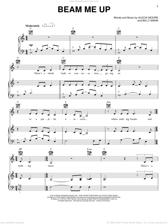 Beam Me Up sheet music for voice, piano or guitar by P!nk and Miscellaneous, intermediate skill level