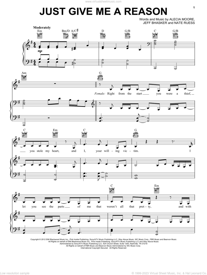 Just Give Me A Reason sheet music for voice, piano or guitar by P!nk and Miscellaneous, intermediate skill level