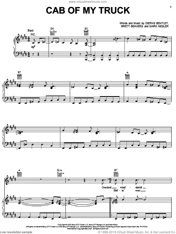 Cab Of My Truck sheet music for voice, piano or guitar by Dierks Bentley, Brett Beavers and Mark Nesler, intermediate skill level