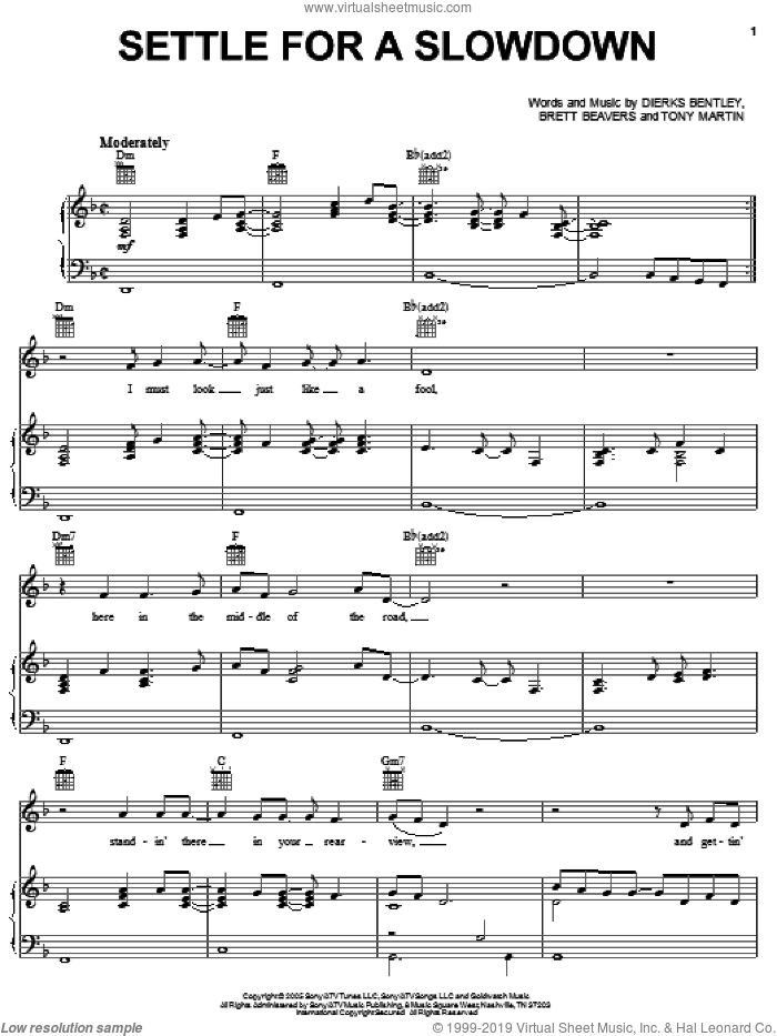Settle For A Slowdown sheet music for voice, piano or guitar by Dierks Bentley, Brett Beavers and Tony Martin, intermediate skill level
