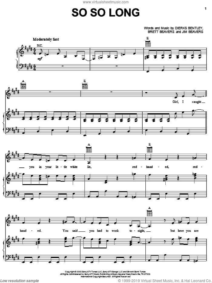 So So Long sheet music for voice, piano or guitar by Dierks Bentley, Brett Beavers and Jim Beavers, intermediate skill level