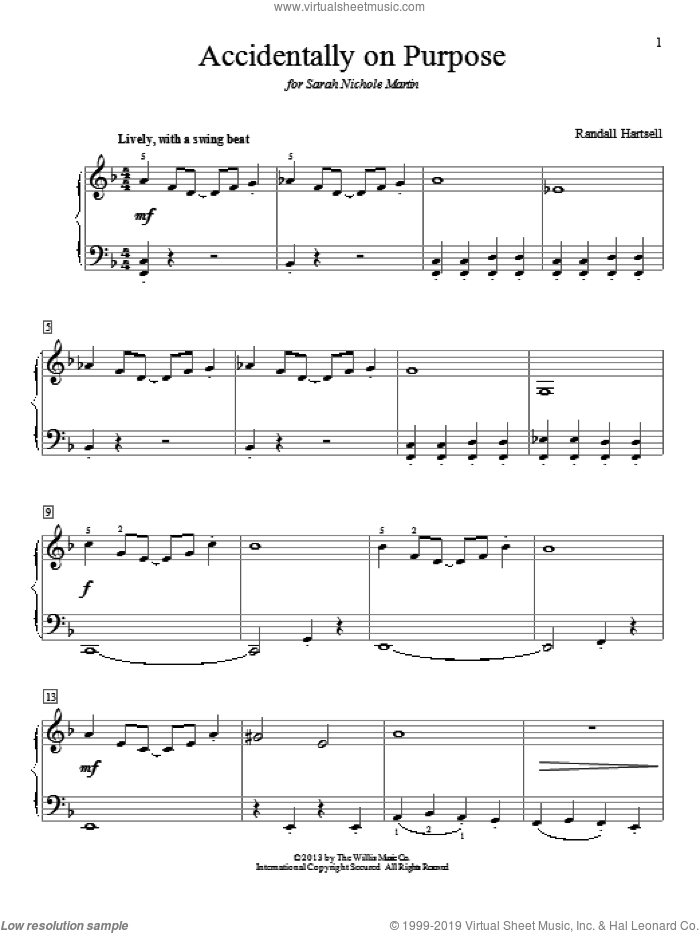 Accidentally On Purpose sheet music for piano solo (elementary) by Randall Hartsell, beginner piano (elementary)