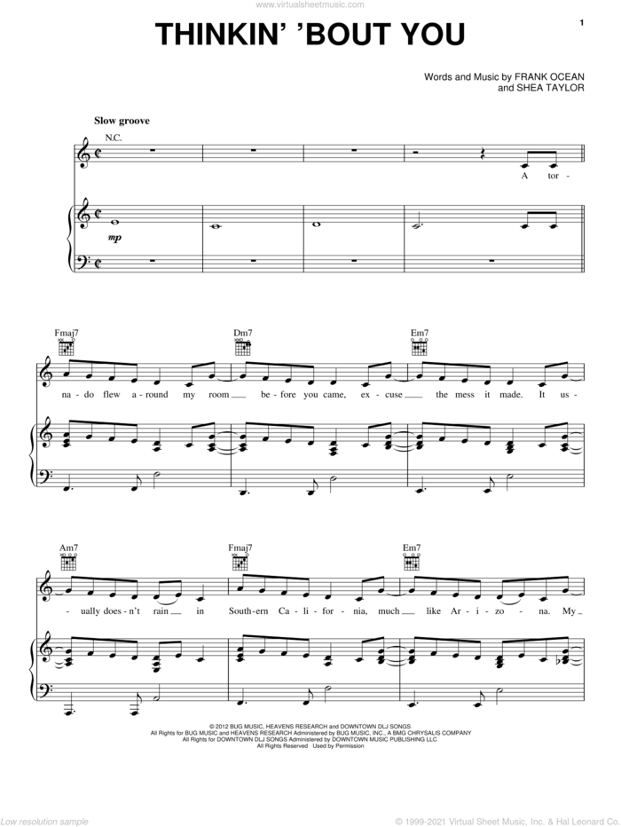 Thinkin' 'Bout You sheet music for voice, piano or guitar by Frank Ocean and Shea Taylor, intermediate skill level