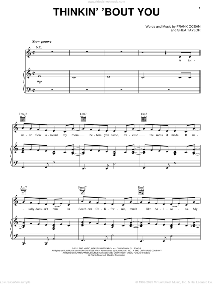 Thinkin' 'Bout You sheet music for voice, piano or guitar by Frank Ocean and Shea Taylor, intermediate skill level