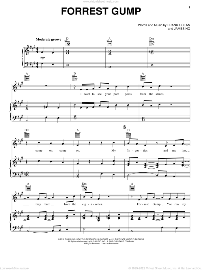 Forrest Gump sheet music for voice, piano or guitar by Frank Ocean and James Ho, intermediate skill level