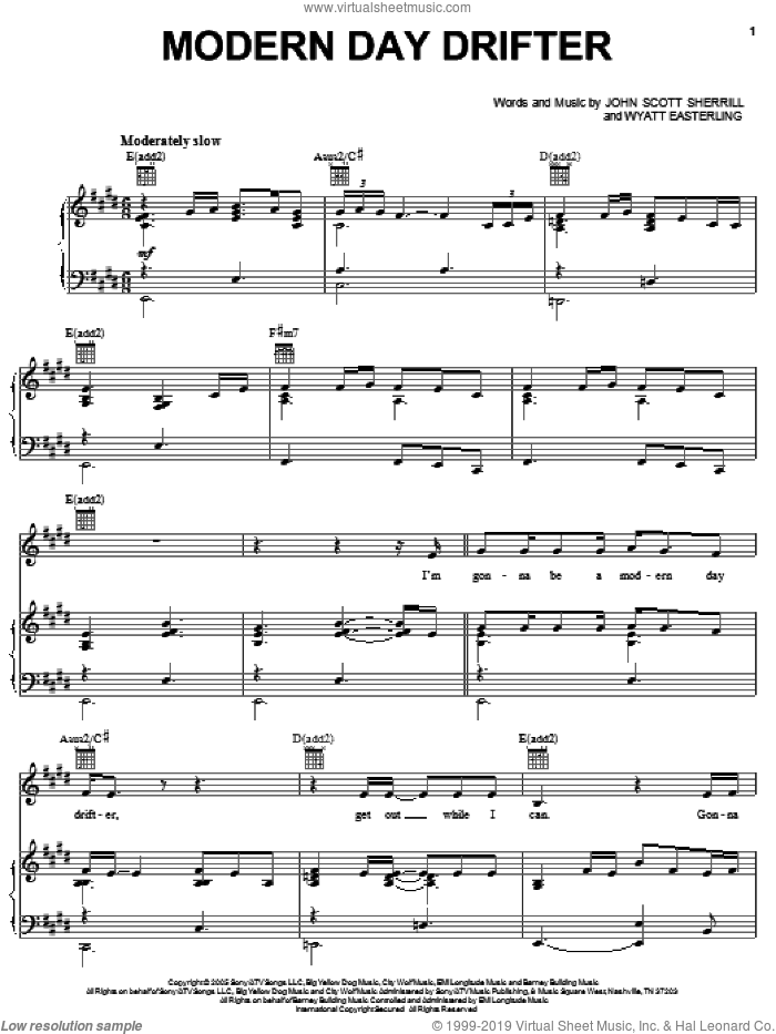 Modern Day Drifter sheet music for voice, piano or guitar by Dierks Bentley, John Scott Sherrill and Wyatt Easterling, intermediate skill level