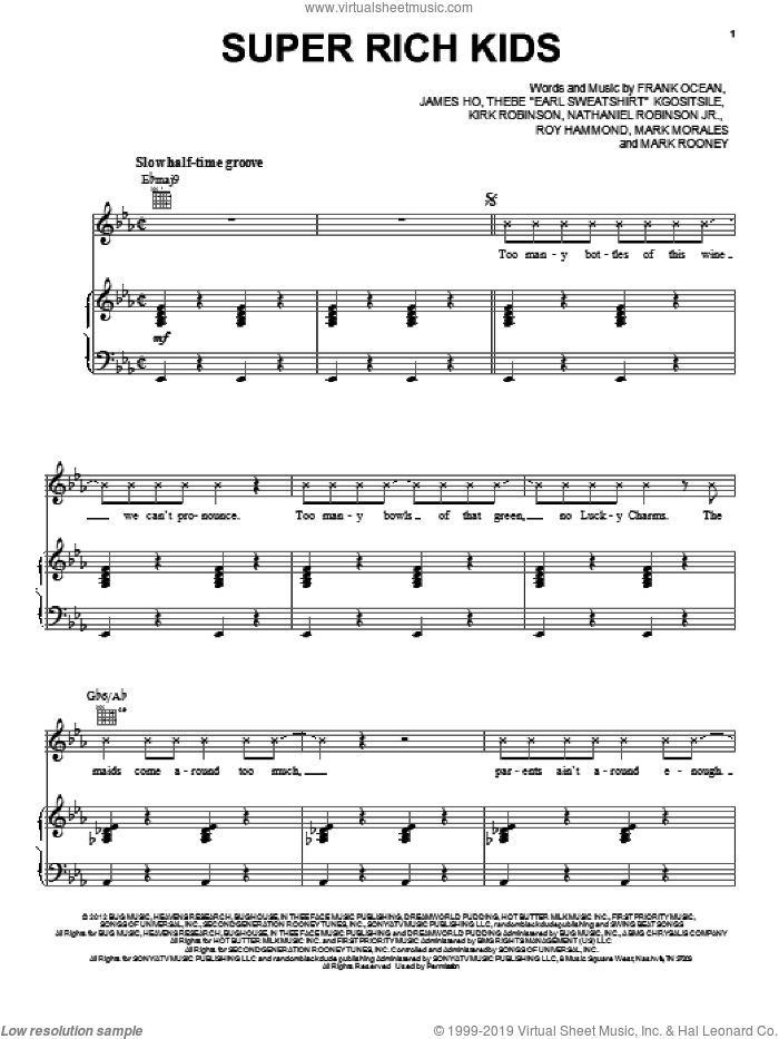 Super Rich Kids sheet music for voice, piano or guitar by Frank Ocean, intermediate skill level