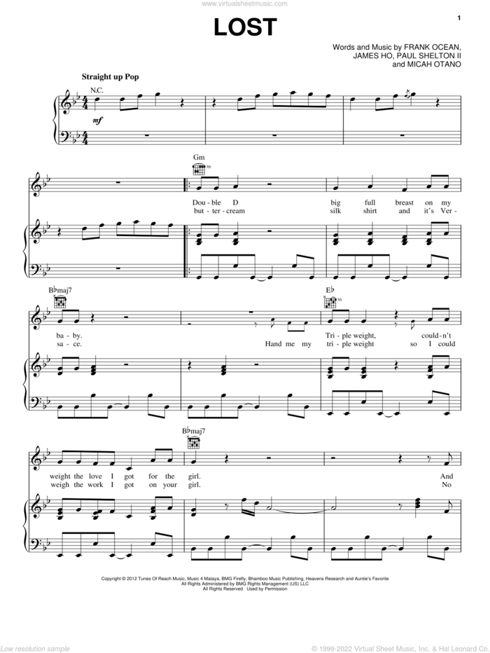 Lost sheet music for voice, piano or guitar by Frank Ocean, James Ho, Micah Otano and Paul Shelton II, intermediate skill level