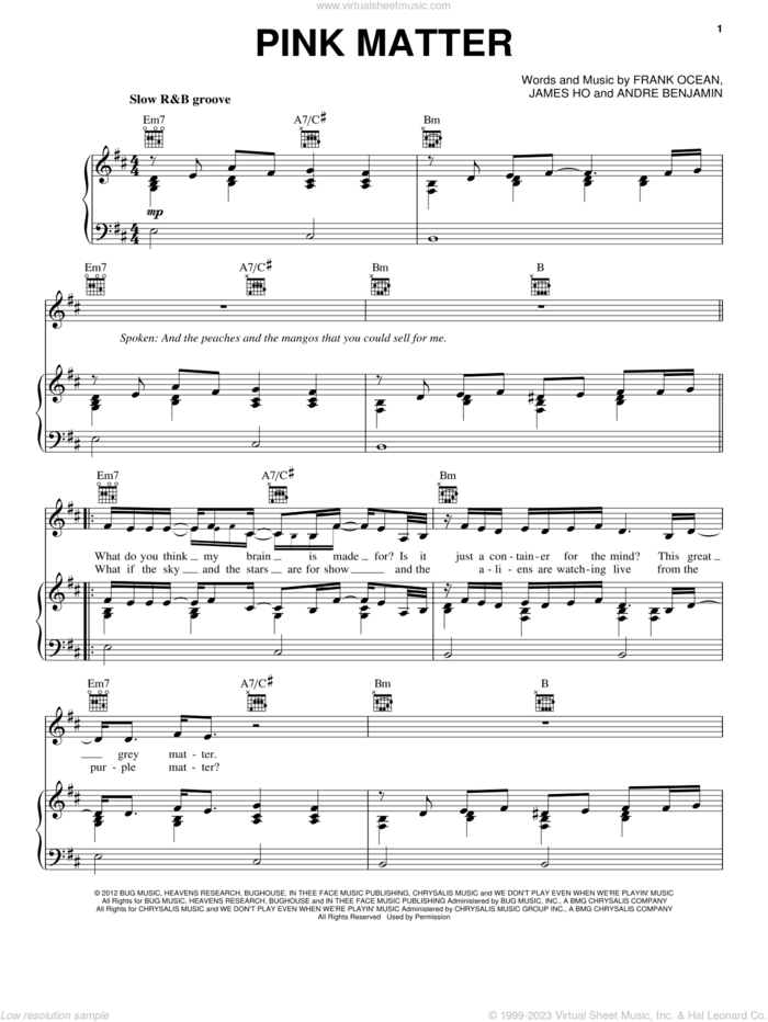 Pink Matter sheet music for voice, piano or guitar by Frank Ocean, Andre Benjamin and James Ho, intermediate skill level