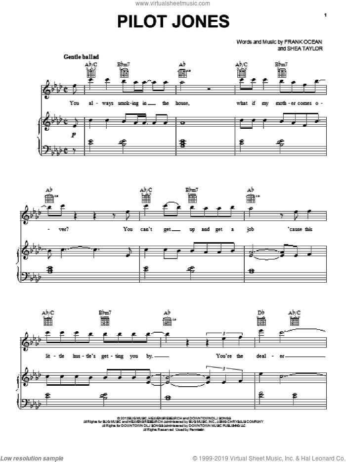 Pilot Jones sheet music for voice, piano or guitar by Frank Ocean and Shea Taylor, intermediate skill level