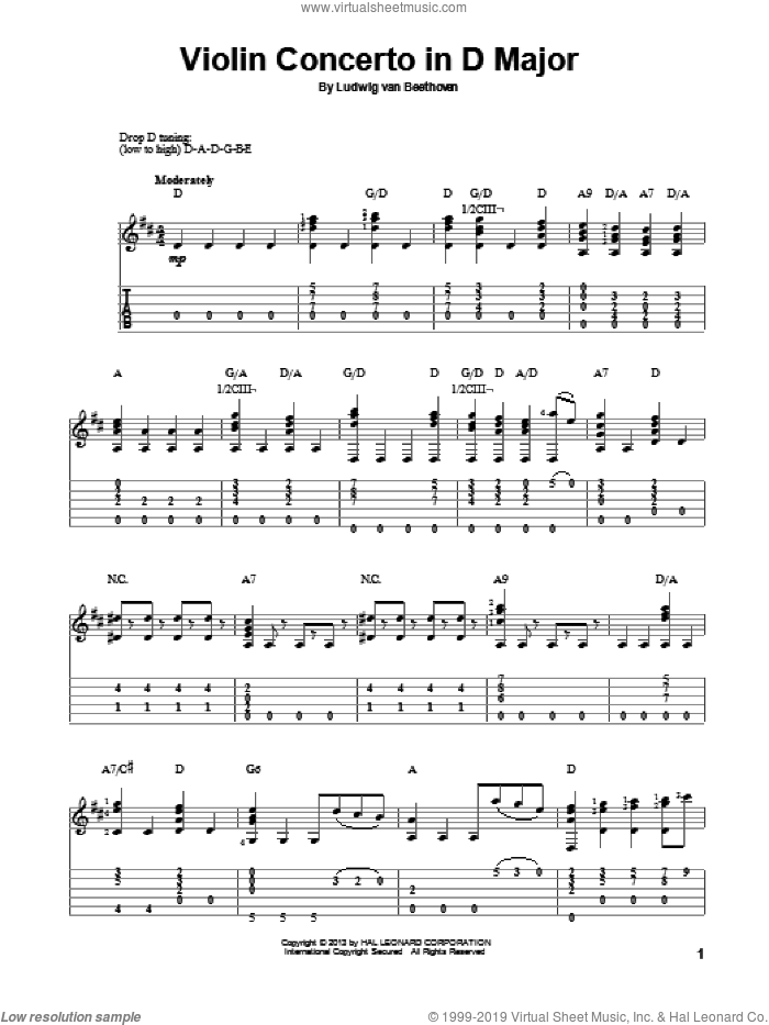 Violin Concerto In D Major sheet music for guitar solo by Ludwig van Beethoven, classical score, intermediate skill level
