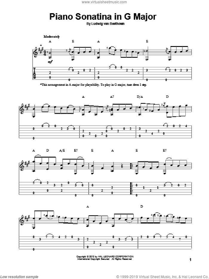 Piano Sonatina In G Major sheet music for guitar solo by Ludwig van Beethoven, classical score, intermediate skill level