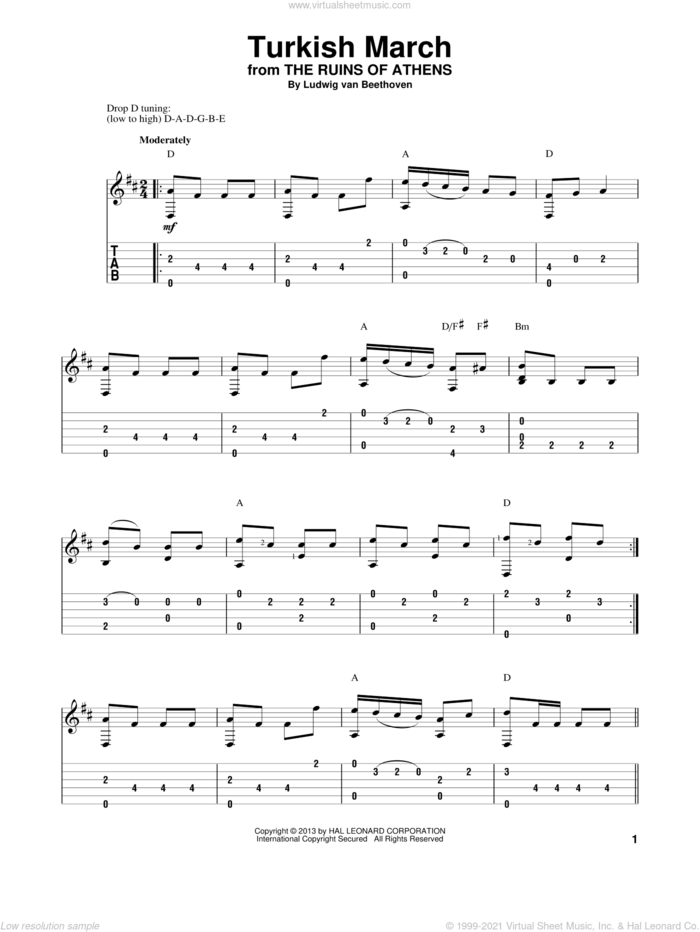 Turkish March sheet music for guitar solo by Ludwig van Beethoven, classical score, intermediate skill level