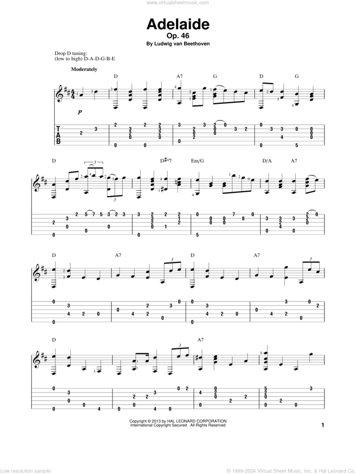 Adelaide, Op. 46 sheet music for guitar solo by Ludwig van Beethoven, classical score, intermediate skill level