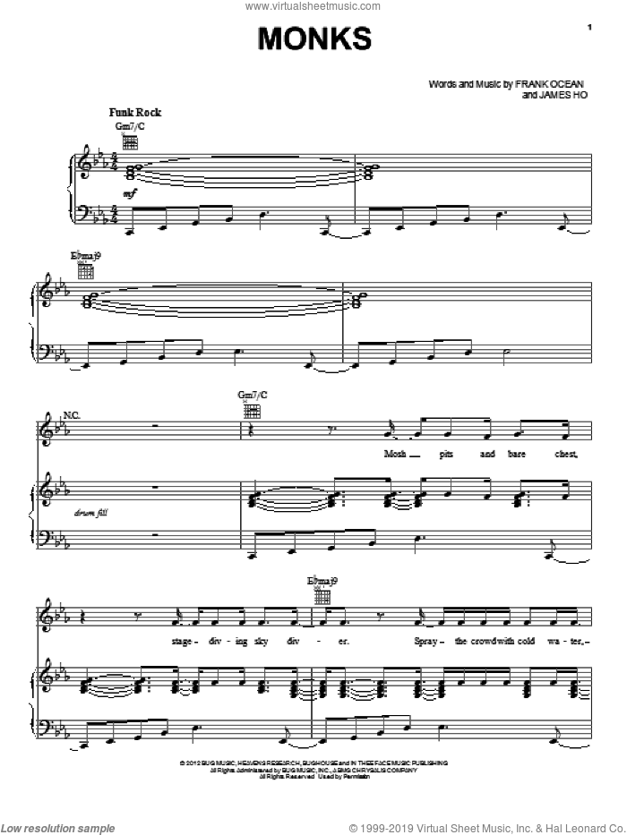 Monks sheet music for voice, piano or guitar by Frank Ocean and James Ho, intermediate skill level