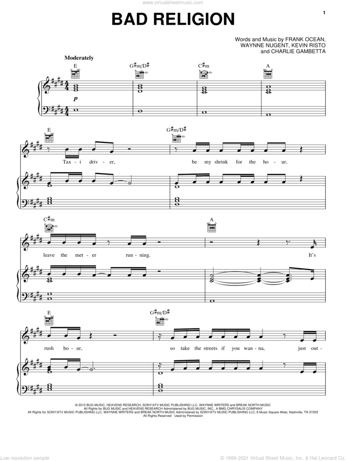 Bad Religion sheet music for voice, piano or guitar by Frank Ocean, Charlie Gambetta, Kevin Risto and Waynne Nugent, intermediate skill level