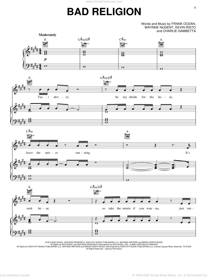 Bad Religion sheet music for voice, piano or guitar by Frank Ocean, Charlie Gambetta, Kevin Risto and Waynne Nugent, intermediate skill level