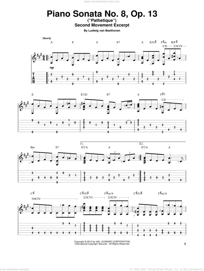 Piano Sonata No. 8, Op. 13 ('Pathetique'), 2nd Movement sheet music for guitar solo by Ludwig van Beethoven, classical score, intermediate skill level