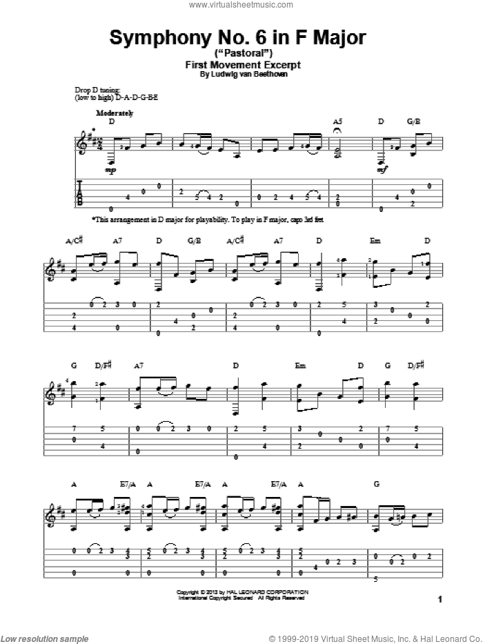 Symphony No. 6 In F Major ('Pastoral'), First Movement Excerpt sheet music for guitar solo by Ludwig van Beethoven, classical score, intermediate skill level