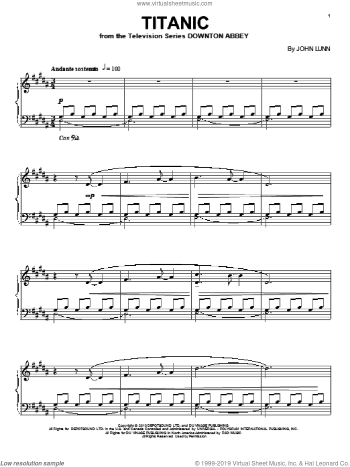 Titanic (from Downton Abbey), (intermediate) sheet music for piano solo by John Lunn and Downton Abbey (TV Show), intermediate skill level