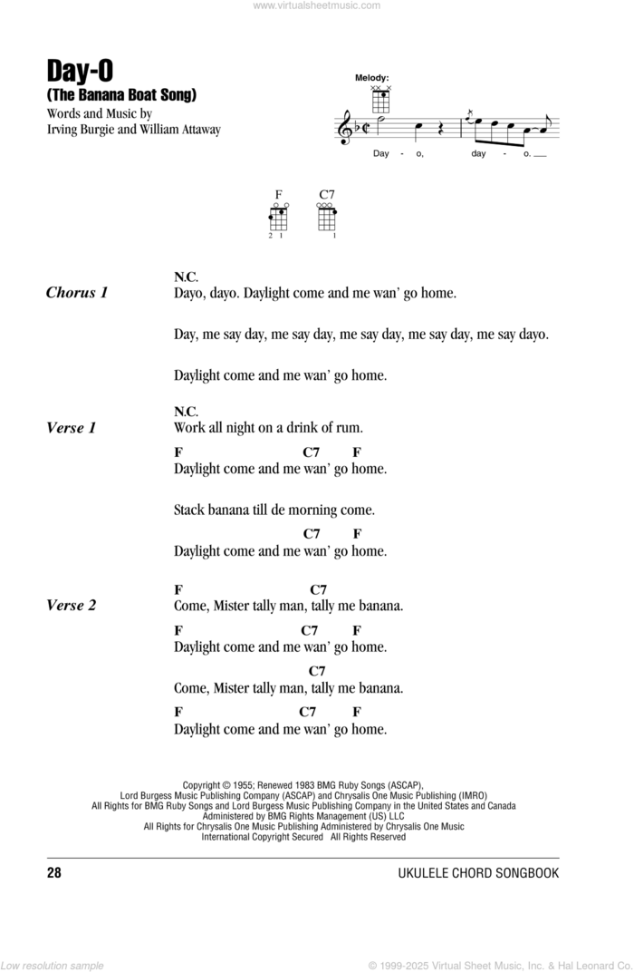 Day-O (The Banana Boat Song) sheet music for ukulele (chords) by Harry Belafonte, Irving Burgie and William Attaway, intermediate skill level