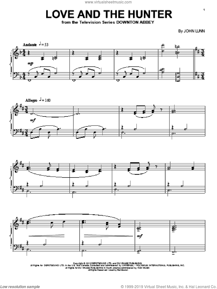 Love And The Hunter sheet music for piano solo by John Lunn and Downton Abbey (TV Show), intermediate skill level