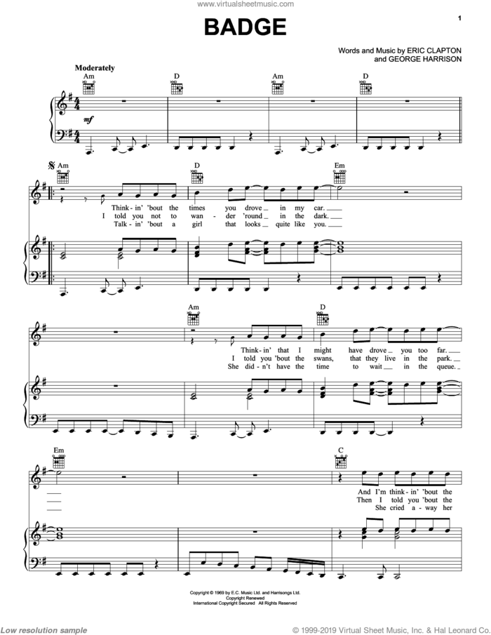 Badge sheet music for voice, piano or guitar by Cream, Eric Clapton and George Harrison, intermediate skill level