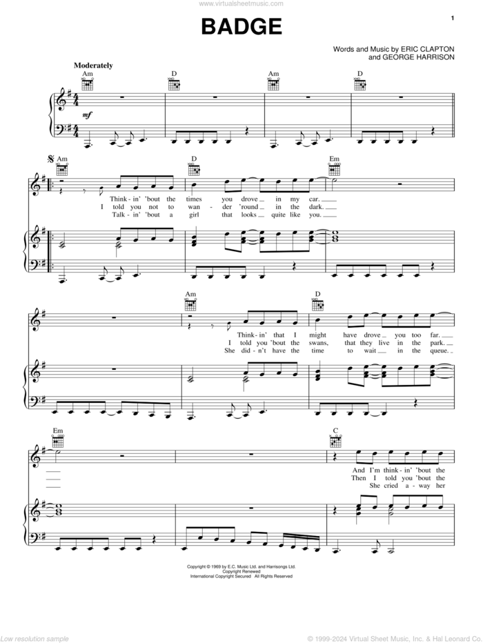 Badge sheet music for voice, piano or guitar by Cream, Eric Clapton and George Harrison, intermediate skill level